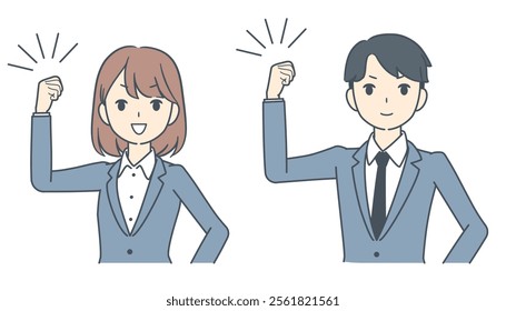 A businessman and businesswoman confidently raising their fists in a gesture of determination, success, and motivation.