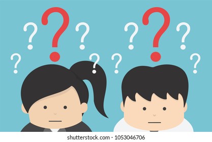 Businessman and Businesswoman confused , eps10 vector format, flat design, question