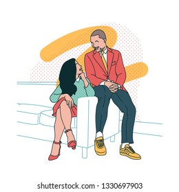 businessman businesswoman couple sit in a sofa look at each other hand drawn style vector design illustrations