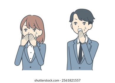 A businessman and businesswoman covering their mouths in shock or surprise, expressing amazement or disbelief in a professional setting.