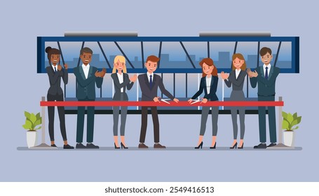 Businessman and businesswoman cutting a ribbon in front of a small office and celebrating the launch of their startup character vector illustration design. Business startup launch concept.