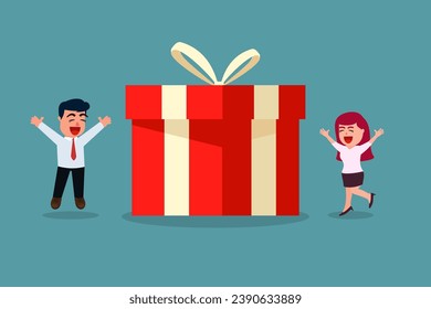 Businessman and businesswoman are delighted with big gift boxes. Office holiday celebration concept. A big surprise. Vector illustration