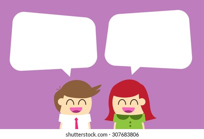 Businessman and businesswoman with dialog speech bubbles. vector. dark blue background