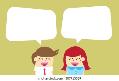 Businessman and businesswoman with dialog speech bubbles. vector. yellow background