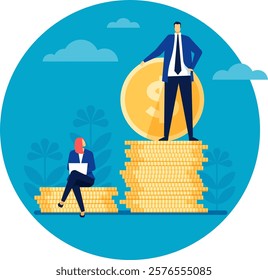 Businessman and businesswoman with different salaries, demonstrating gender inequality and discrimination in payment, bigger coin as symbol of higher wage