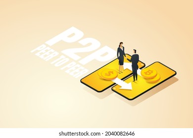 Businessman with businesswoman direclty exchange digital money via smart phone. P2P, peer to peer and fintech. Crypto currency exchange bitcoin, financial technology. isometric vector illustration.