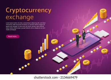 Businessman With Businesswoman Direclty Exchange Digital Money Via Smart Phone. Crypto Currency Exchange Bitcoin, Financial Technology. Isometric Vector Illustration.