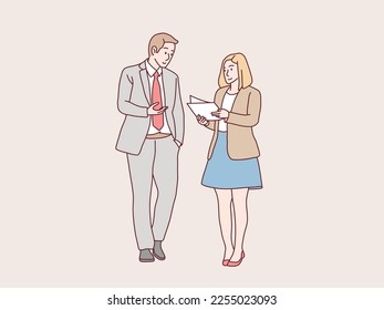 Businessman and businesswoman discussing work while walking simple korean style illustration