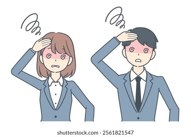 A businessman and businesswoman with dizziness and confusion, symbolizing stress or being overwhelmed in the workplace.