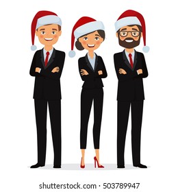 Businessman and businesswoman dressed in Christmas hats and in business suits 
