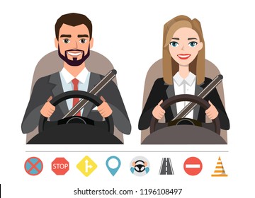 Businessman and businesswoman driving a car. woman and a man who sit behind the wheel