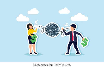 Businessman and businesswoman each carry a dollar sign and talk, but only complicated things come out, illustration of boasting about their business revenue