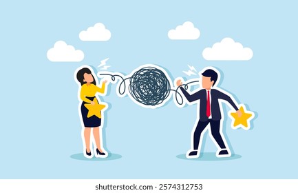 Businessman and businesswoman each carry a star and talk, but only complicated things come out, illustration of boasting about their business quality