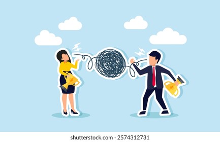 Businessman and businesswoman each carry a trophy and talk, but only complicated things come out, illustration of boasting about their business achievements