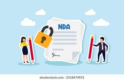 A businessman and businesswoman each holding a pencil to sign an NDA, illustrating an agreement to keep company documents confidential
