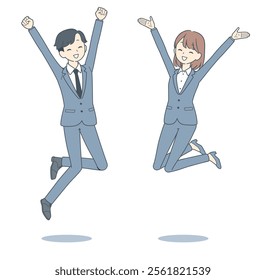 A businessman and businesswoman energetically jumping with raised arms, expressing happiness, success, and celebration in a professional setting.