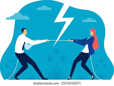 Businessman and businesswoman engaged in a tug of war competition, pulling a rope while a lightning bolt symbolizes the intense conflict and rivalry often found in the business world