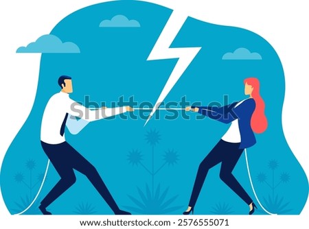 Businessman and businesswoman engaged in a tug of war competition, pulling a rope while a lightning bolt symbolizes the intense conflict and rivalry often found in the business world