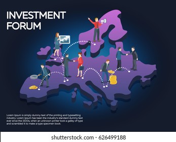 Businessman and businesswoman enter into a contract. People on the europe map 3d. Business startup work moments flat banner. New ideas, search for investor, increased profits. Business situation.