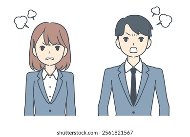 A businessman and businesswoman expressing anger with steam-like effects, symbolizing frustration, irritation, or conflict in a professional context.