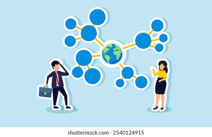 Empresário e empresária se sentem confusos com uma rede centrada em torno de um globo, ilustração da complexidade da implementação de novas tendências de negócios no mercado-alvo