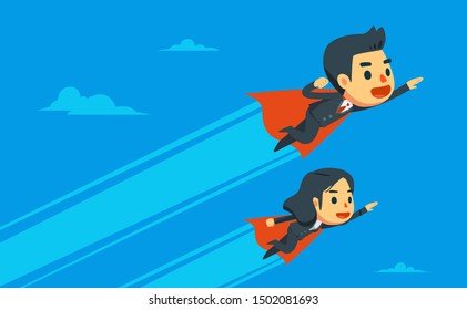 businessman and businesswoman fly into the sky. Vector Illustration