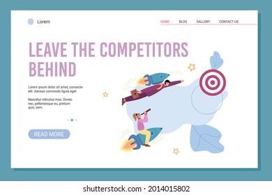 Businessman and businesswoman fly on rockets for success achieve of target. Persons compete on fast start new business or startup project. Vector illustration. Design for web.