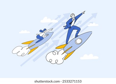 Businessman and businesswoman flying forward on rockets to the target, growth and development concept, startup, career growth, achieving financial goals. Vector illustration.