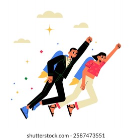 Businessman And Businesswoman Flying With Jetpacks In Flat Vector Illustration Symbolizing Innovation, Career Advancement, Teamwork, And Ambition, Isolated On White Background.