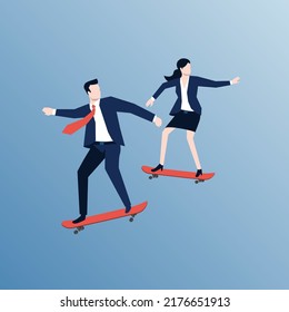 Businessman and businesswoman flying using skateboard on blue background