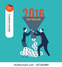Businessman and businesswoman with funnel year 2016 and money. Vector illustration Eps10 file. Global colors. Text and Texture in separate layers.