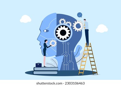 Businessman or businesswoman  with Gears at Huge Cyborg Head. Artificial Intelligence, Machine Learning and Training Concept. Rpa, Robotic Process Automatization, Ai. People Vector Illustration.