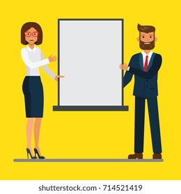 Businessman and businesswoman giving a presentation in a conference meeting. Vector flat illustration concept