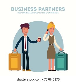 Businessman and businesswoman are going to a conference with their suitcases. Vector illustration.