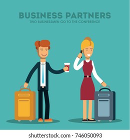 Businessman and businesswoman are going to a conference with their suitcases. Vector illustration.