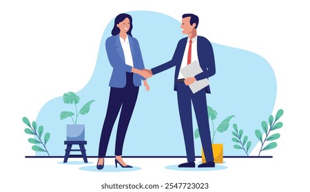 Businessman and businesswoman handshake - Man and woman shaking hands over deal and agreement in office smiling and greeting. Flat design vector stock illustration with white background