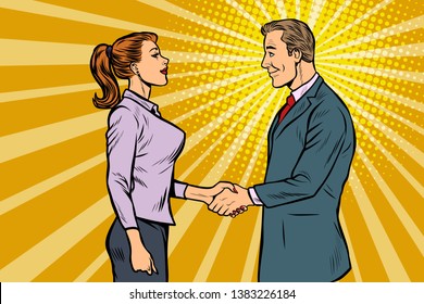 businessman and businesswoman handshake. Pop art retro vector illustration vintage kitsch 50s 60s