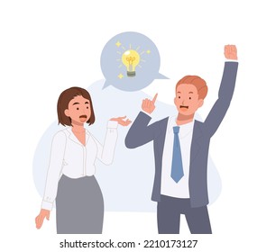 Businessman and businesswoman have a discuss then got an idea. having solution concept. problem solving. Light bulb icon on speech bubble. Vector illustration.