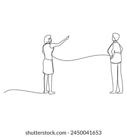 Businessman and businesswoman having a business conversation. Effective communication in business concept. Simple continuous line drawing vector illustration