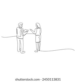 Businessman and businesswoman having a business conversation. Effective communication in business concept. Simple continuous line drawing vector illustration