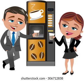 Businessman and businesswoman having coffee break at vending machine isolated