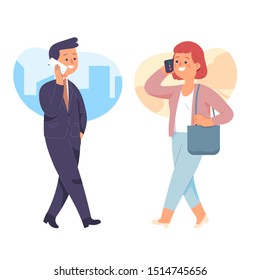 businessman and businesswoman having conversations on the telephone, businessman walking and answering the telephone, fashion and style of a successful businessman, character vector illustration