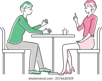 A businessman and a businesswoman having a meeting in the office cafe space