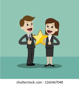 Businessman and businesswoman hold a big gold star. Victory, rating.