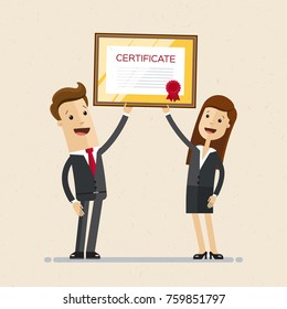 Businessman and businesswoman hold a certificate together. Vector, illustration, flat