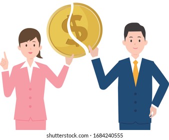 businessman and businesswoman hold dollar coin,vector illustration
