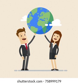 Businessman and businesswoman hold a globe together. Vector, illustration, flat