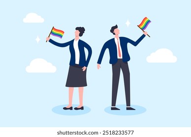 Businessman and Businesswoman hold LGBT rainbow flag. Employee manager people quality. Success job goal. Flat illustration design vector.