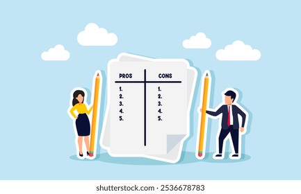 A businessman and businesswoman hold a pencil next to a pros and cons list, illustration of conducting a survey or providing an objective assessment of the company's performance  