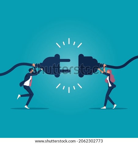 Businessman and businesswoman hold plugs to connect. Cooperation interaction. Collaboration teamwork. Concept for planning, business strategy and connection. 